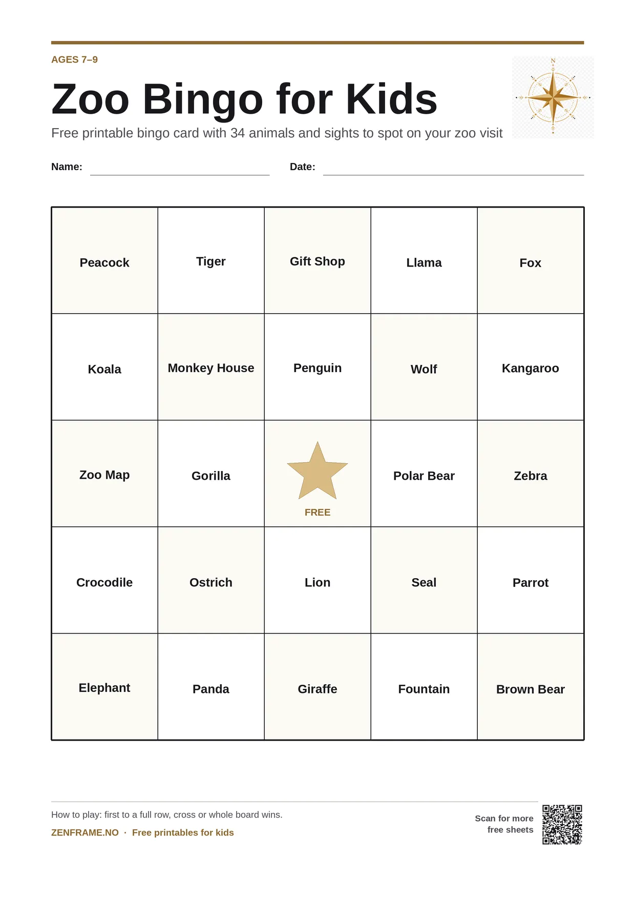 Zoo Bingo for kids ages 7–9 – free printable A4 board