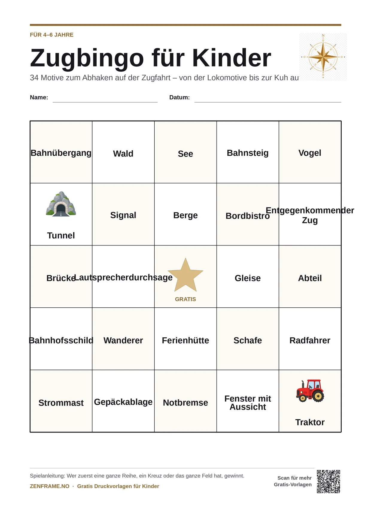 Zugbingo für Kinder 4–6 Jahre – kostenlose A4-Vorlage zum Ausdrucken