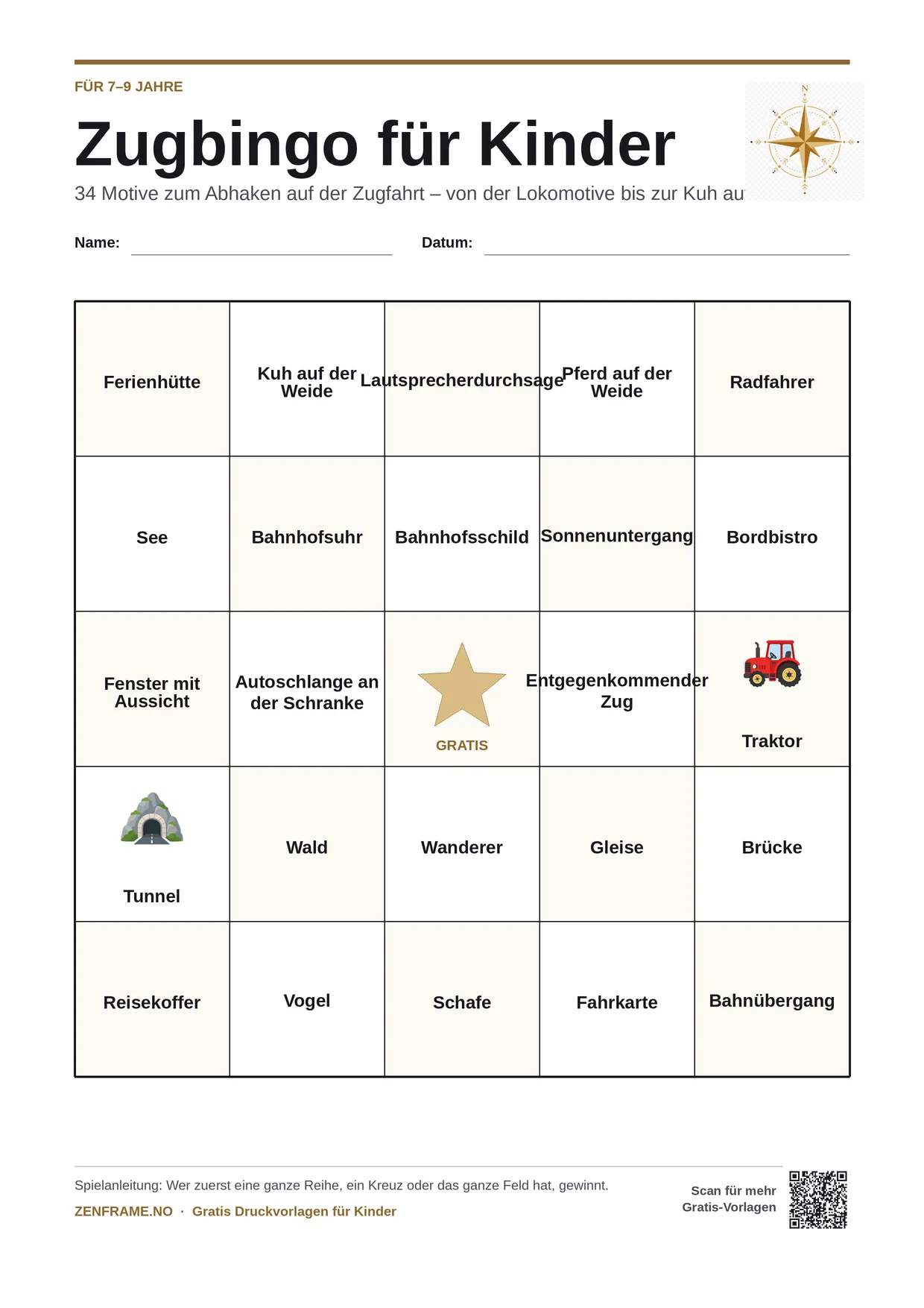 Zugbingo für Kinder 7–9 Jahre – kostenlose A4-Vorlage zum Ausdrucken