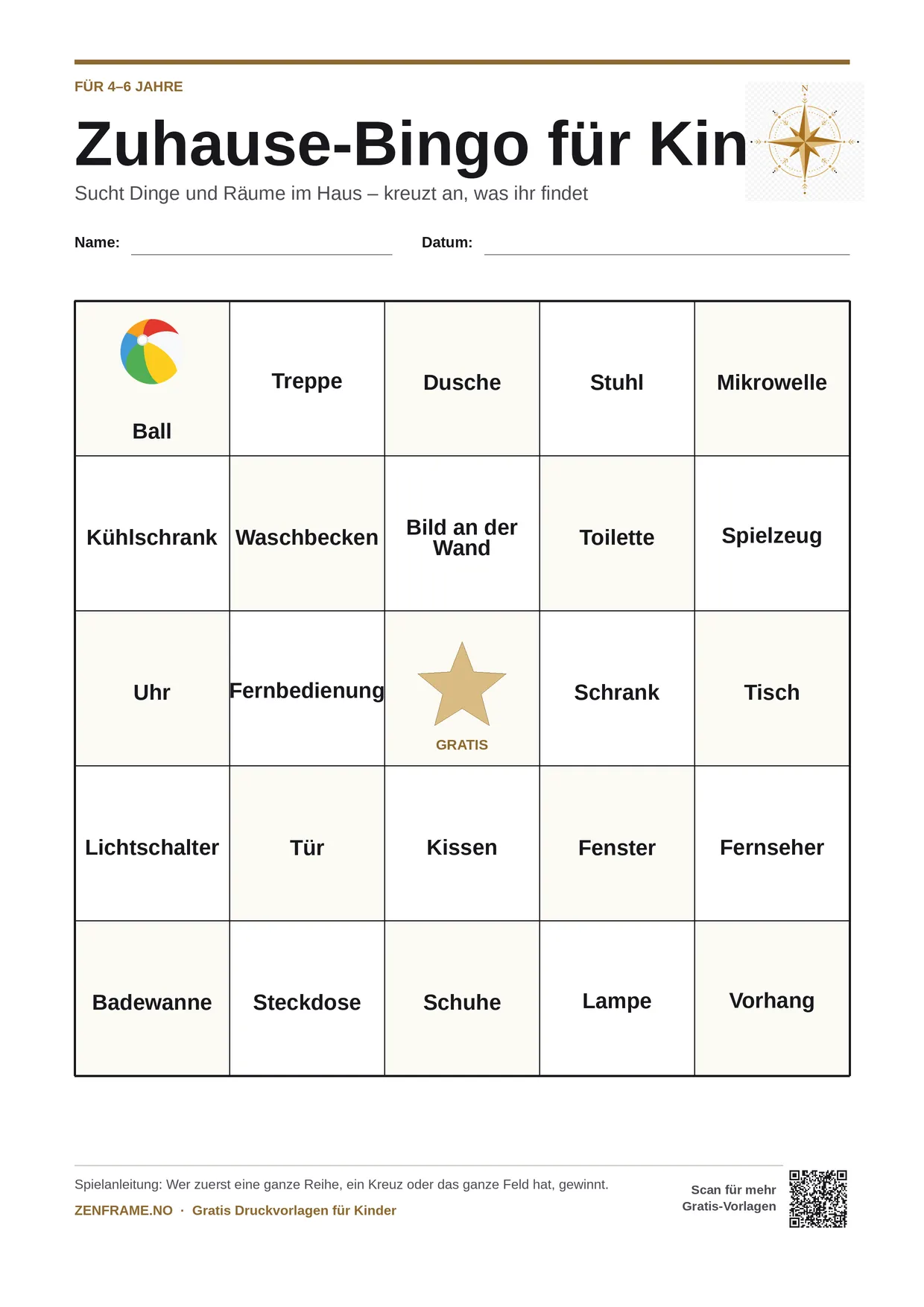 Zuhause-Bingo für Kinder 4–6 Jahre – kostenlose A4-Vorlage zum Ausdrucken