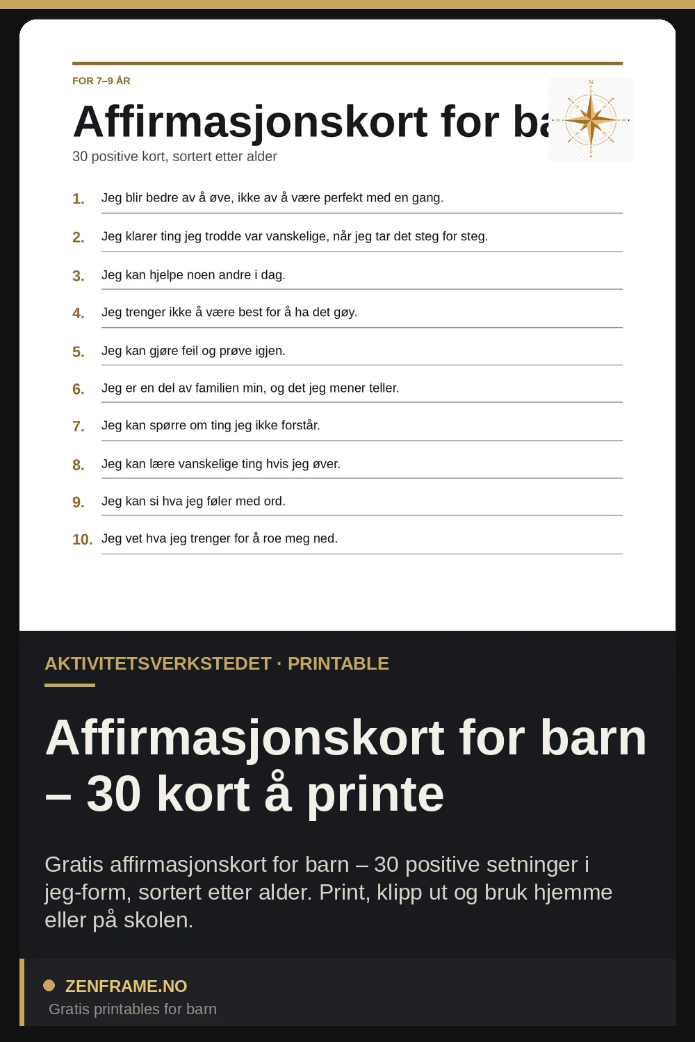 Affirmasjonskort for barn – 30 kort å printe — Zenframe