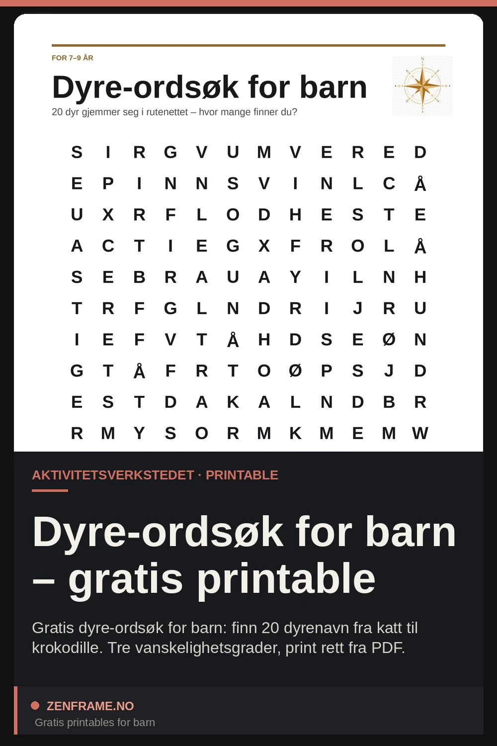 Dyre-ordsøk for barn – gratis printable — Zenframe