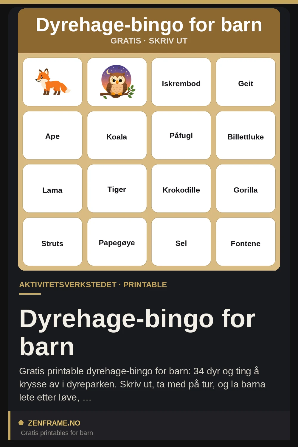 Zoo-Bingo für Kinder — Zenframe