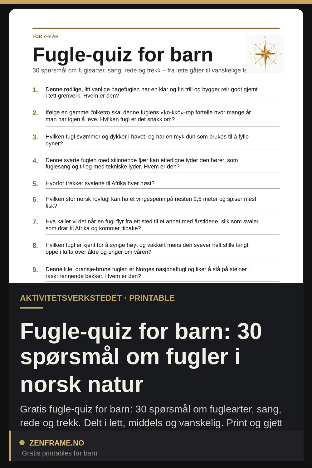 Fugle-quiz for barn: 30 spørsmål om fugler i norsk natur — Zenframe
