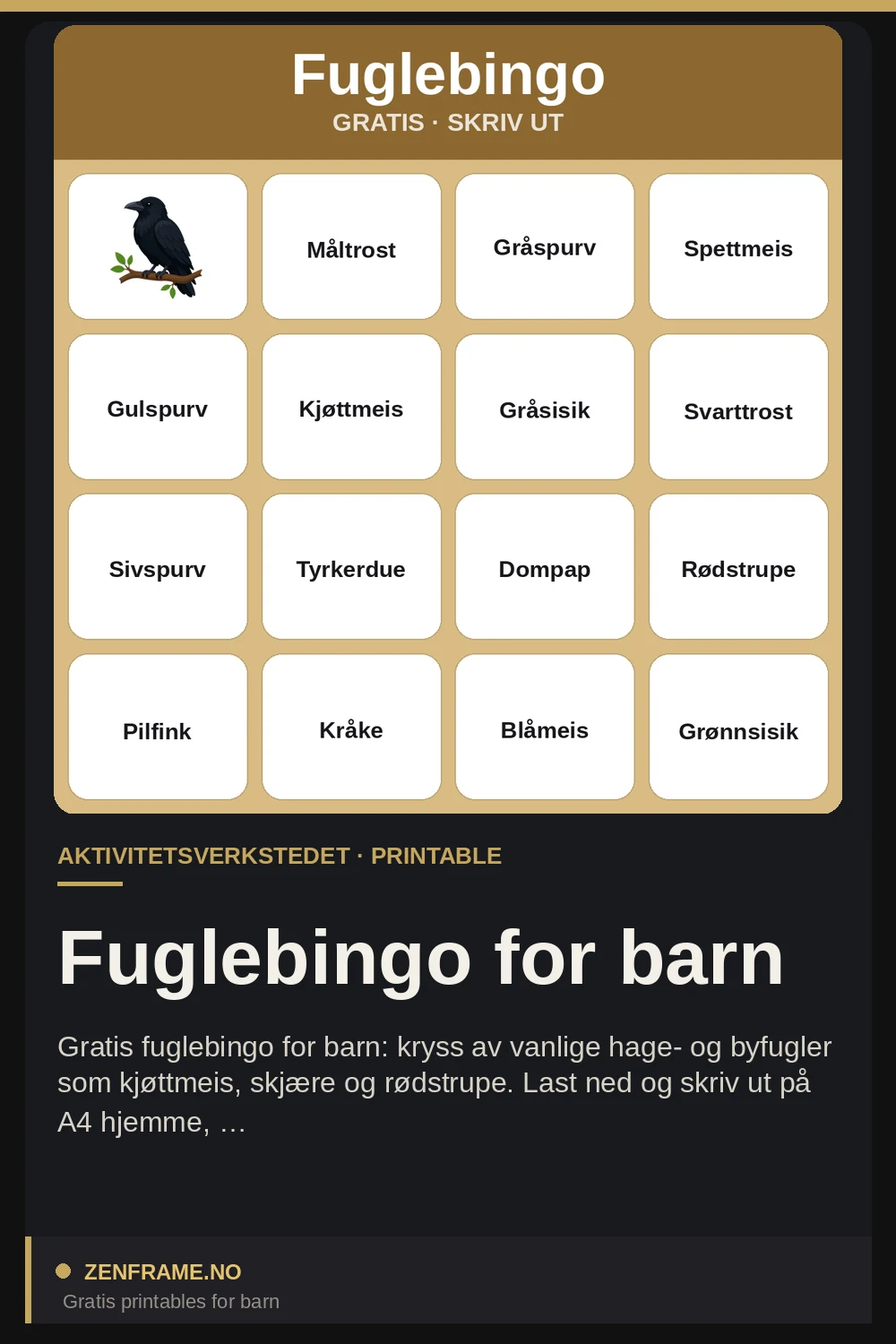Fuglebingo for barn — Zenframe