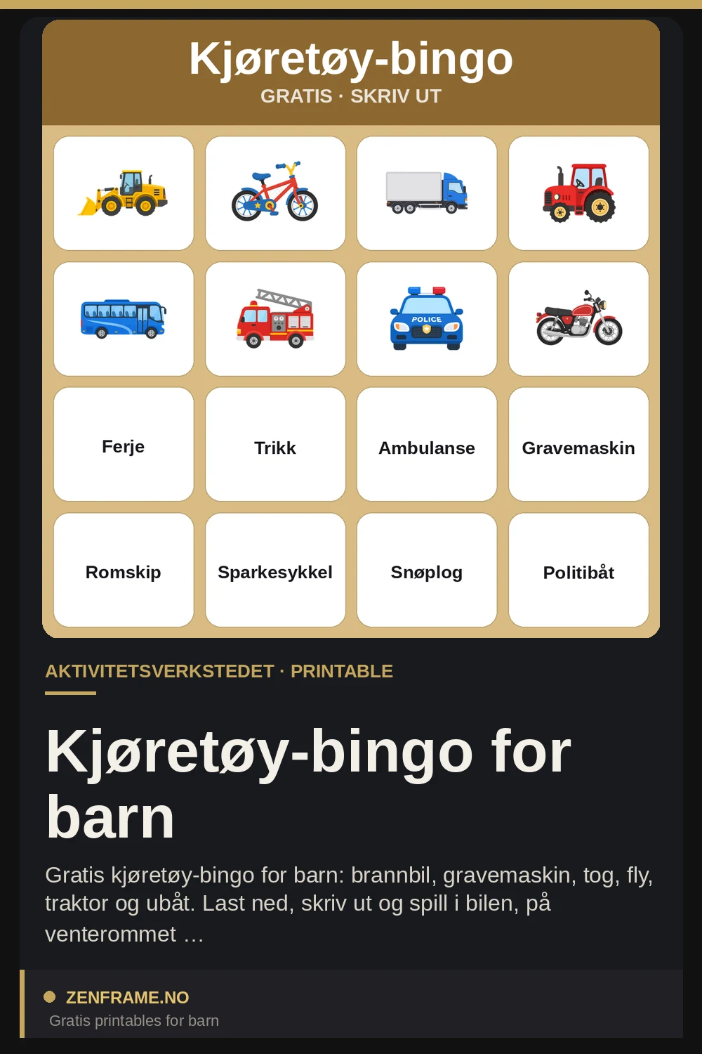 Fordonsbingo för barn — Zenframe