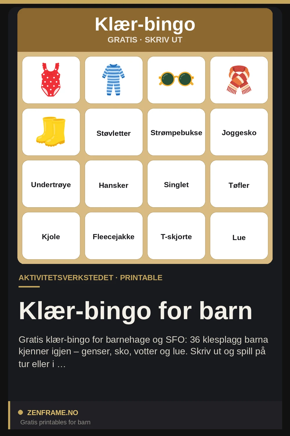 Tøj-bingo for børn — Zenframe
