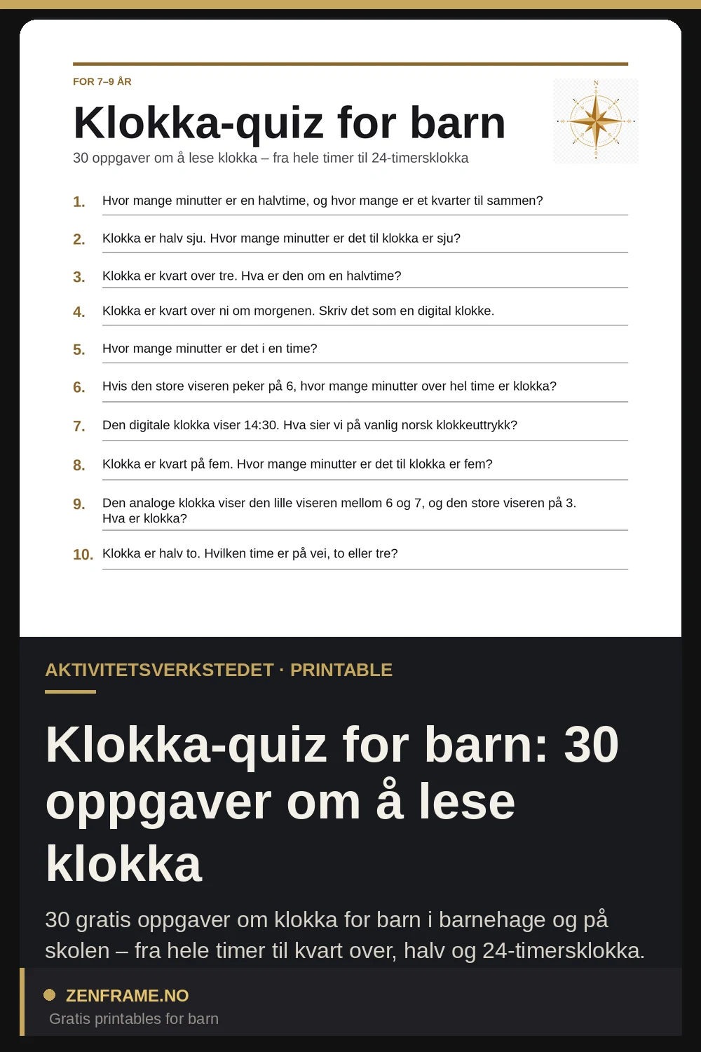 Klockan-quiz för barn: 30 frågor om att lära sig klockan — Zenframe