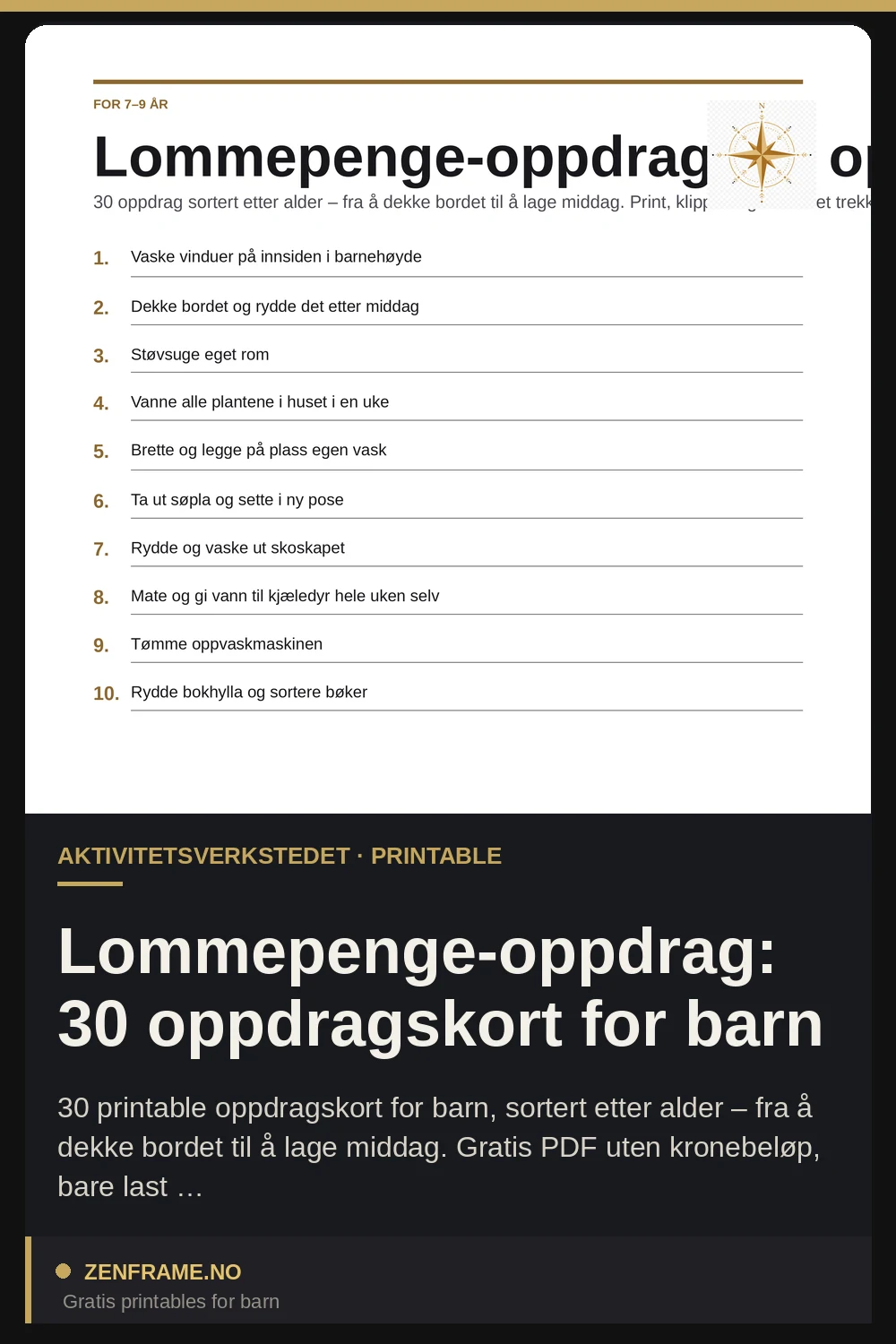 Lommepenge-oppdrag: 30 oppdragskort for barn — Zenframe