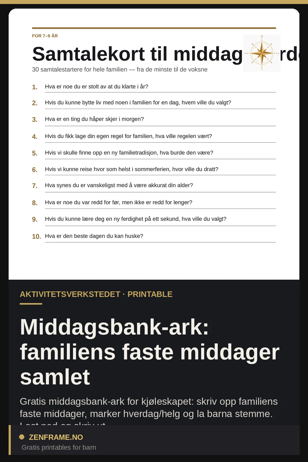 Middagsbank-ark: familiens faste middager samlet — Zenframe
