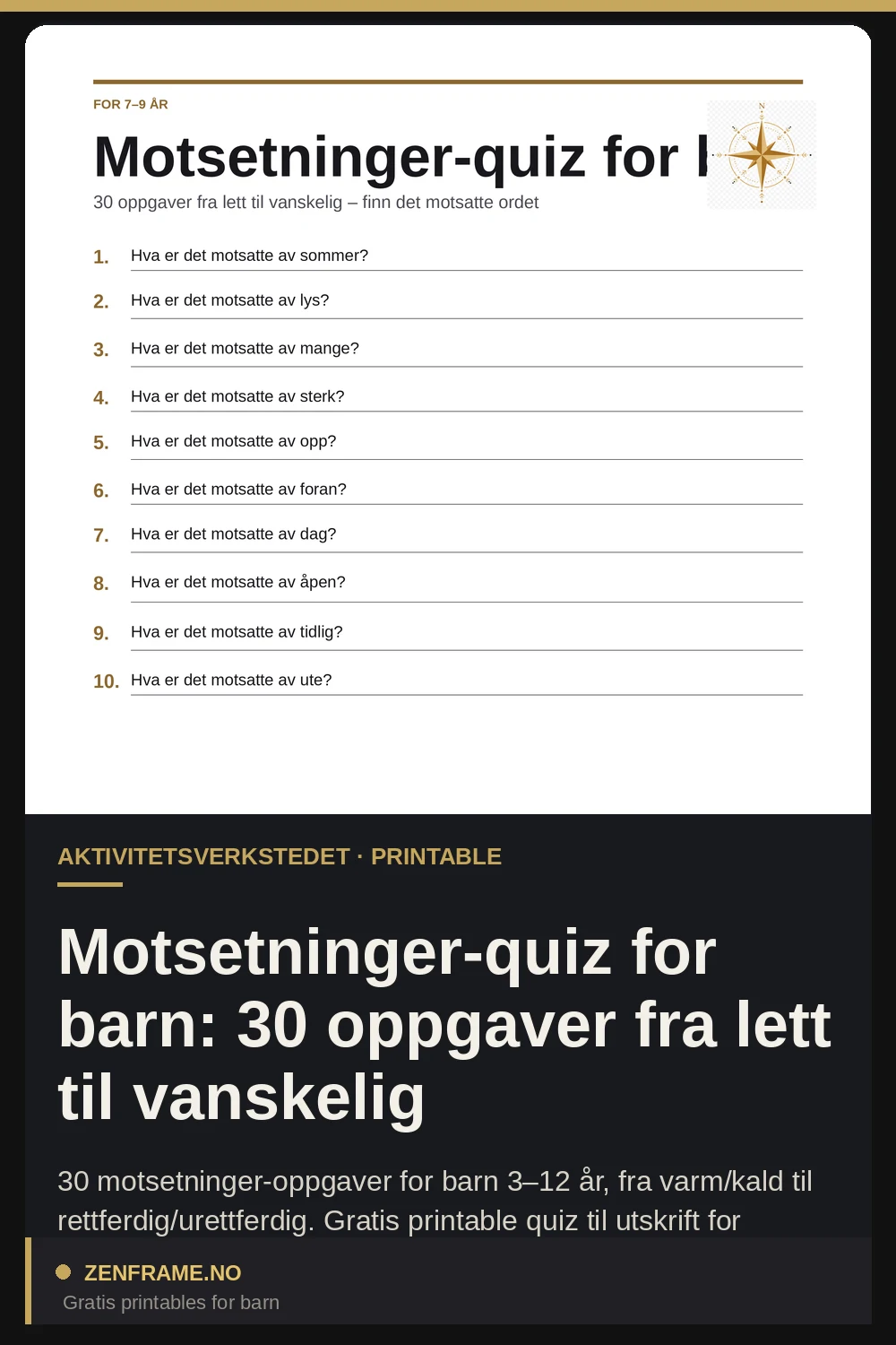 Modsætninger-quiz til børn: 30 opgaver fra let til svært — Zenframe