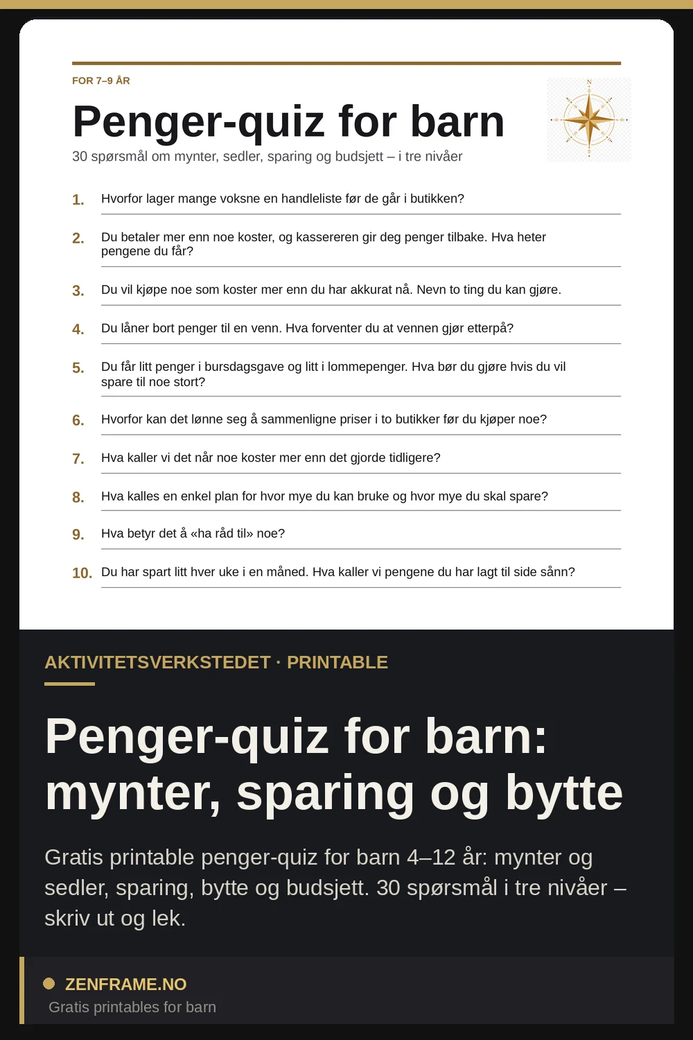 Penger-quiz for barn: mynter, sparing og bytte — Zenframe