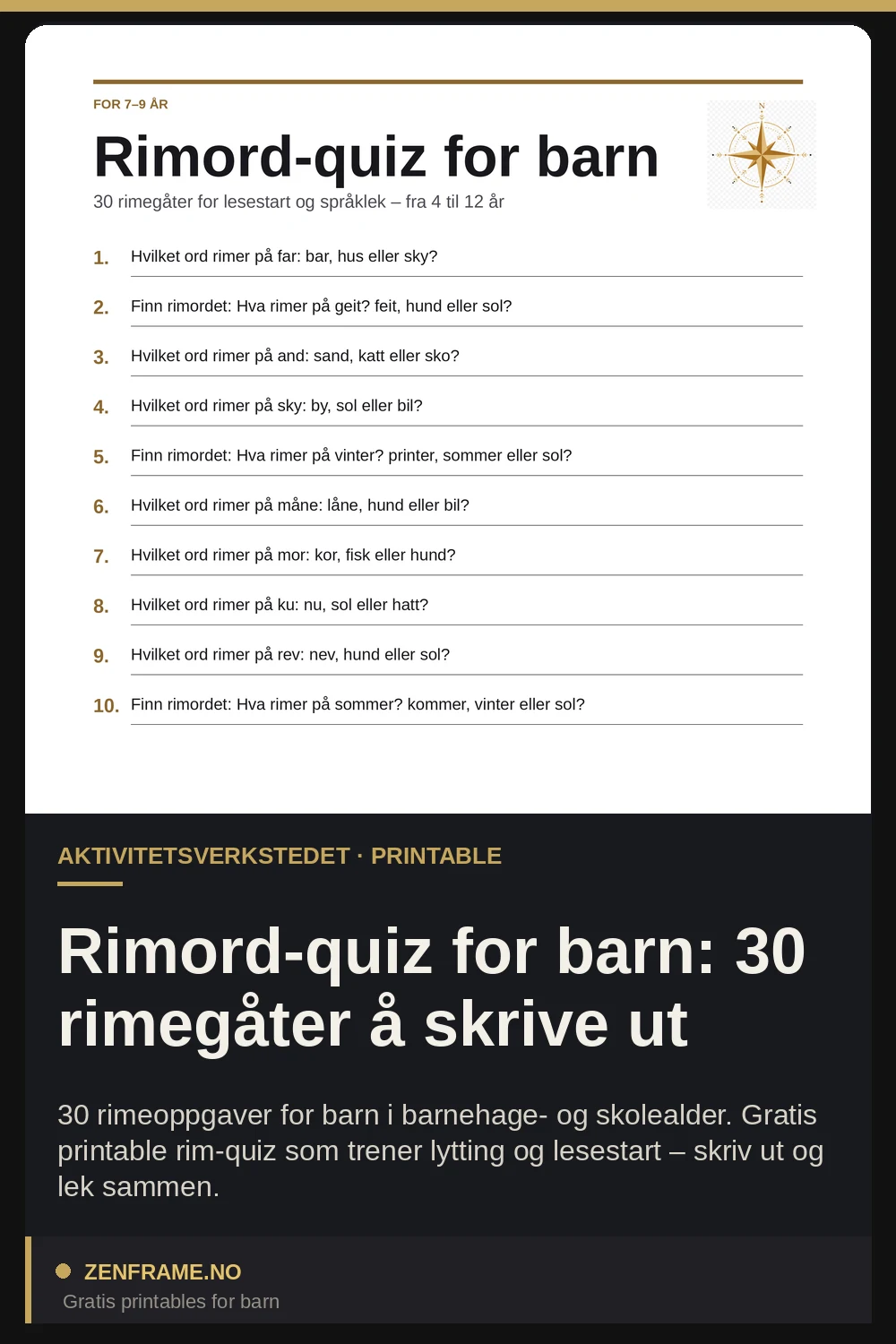 Rimord-quiz för barn: 30 rimgåtor att skriva ut — Zenframe