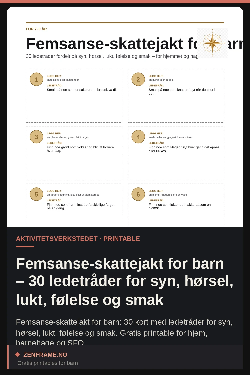 Fünf-Sinne-Schnitzeljagd für Kinder – 30 Karten für Sehen, Hören, Riechen, Fühlen und Schmecken — Zenframe