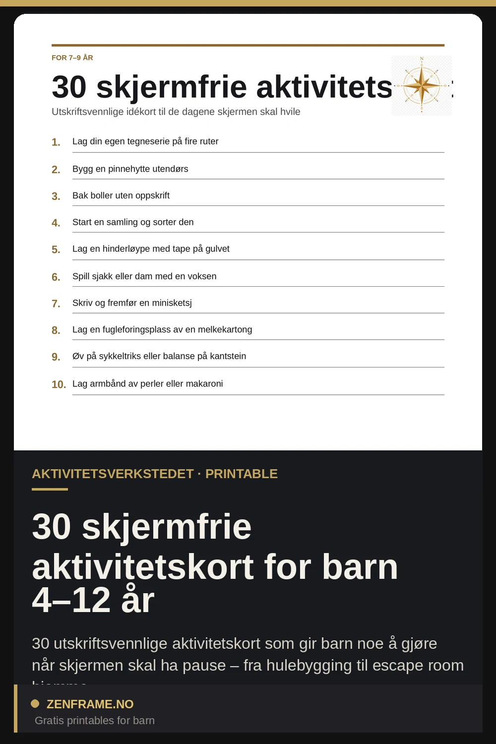30 skjermfrie aktivitetskort for barn 4–12 år — Zenframe
