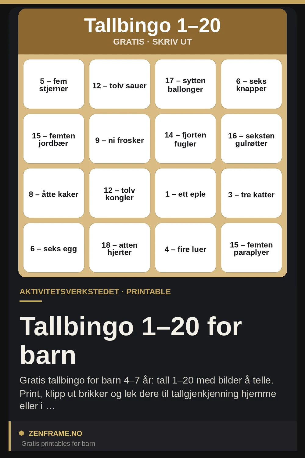 Cijferbingo 1-20 voor kinderen — Zenframe